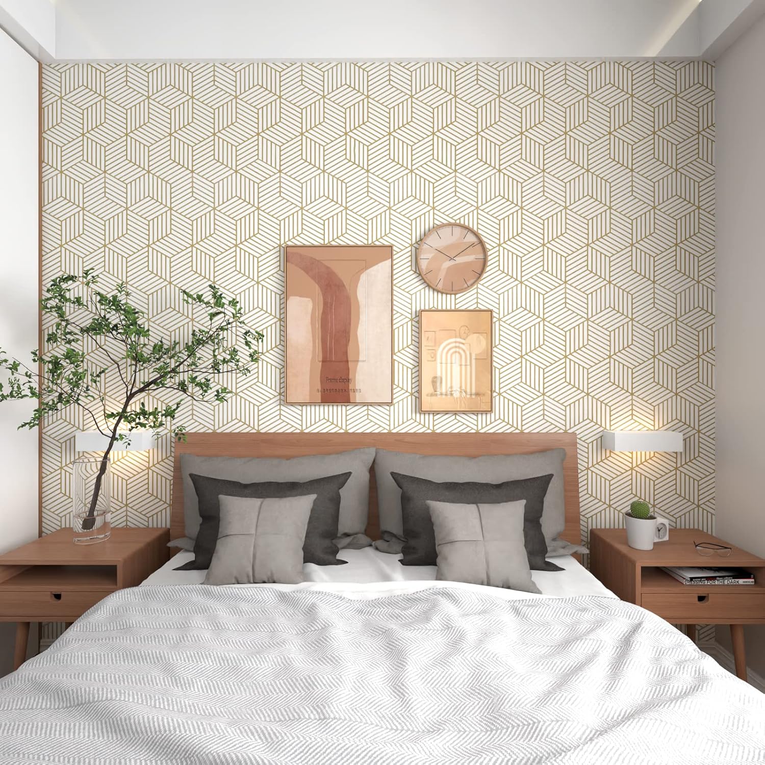 Gold and White Geometric Wallpaper Peel and Stick Wallpaper Boho Hexagon Removable Self Adhesive Wallpaper Gold Stripes Contact Paper Geometric Vinyl Film Decorative Shelf Drawer Waterproof 17.7”×118” - Image 2
