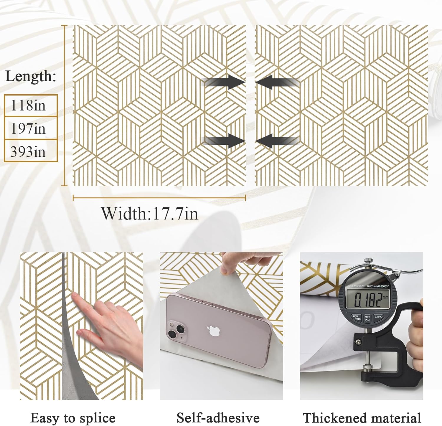 Gold and White Geometric Wallpaper Peel and Stick Wallpaper Boho Hexagon Removable Self Adhesive Wallpaper Gold Stripes Contact Paper Geometric Vinyl Film Decorative Shelf Drawer Waterproof 17.7”×118” - Image 3