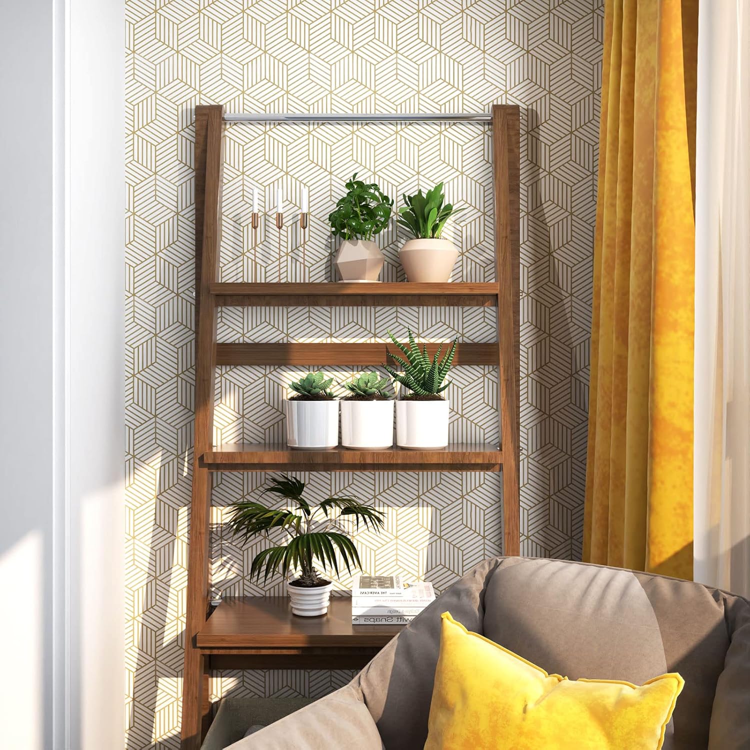 Gold and White Geometric Wallpaper Peel and Stick Wallpaper Boho Hexagon Removable Self Adhesive Wallpaper Gold Stripes Contact Paper Geometric Vinyl Film Decorative Shelf Drawer Waterproof 17.7”×118” - Image 4