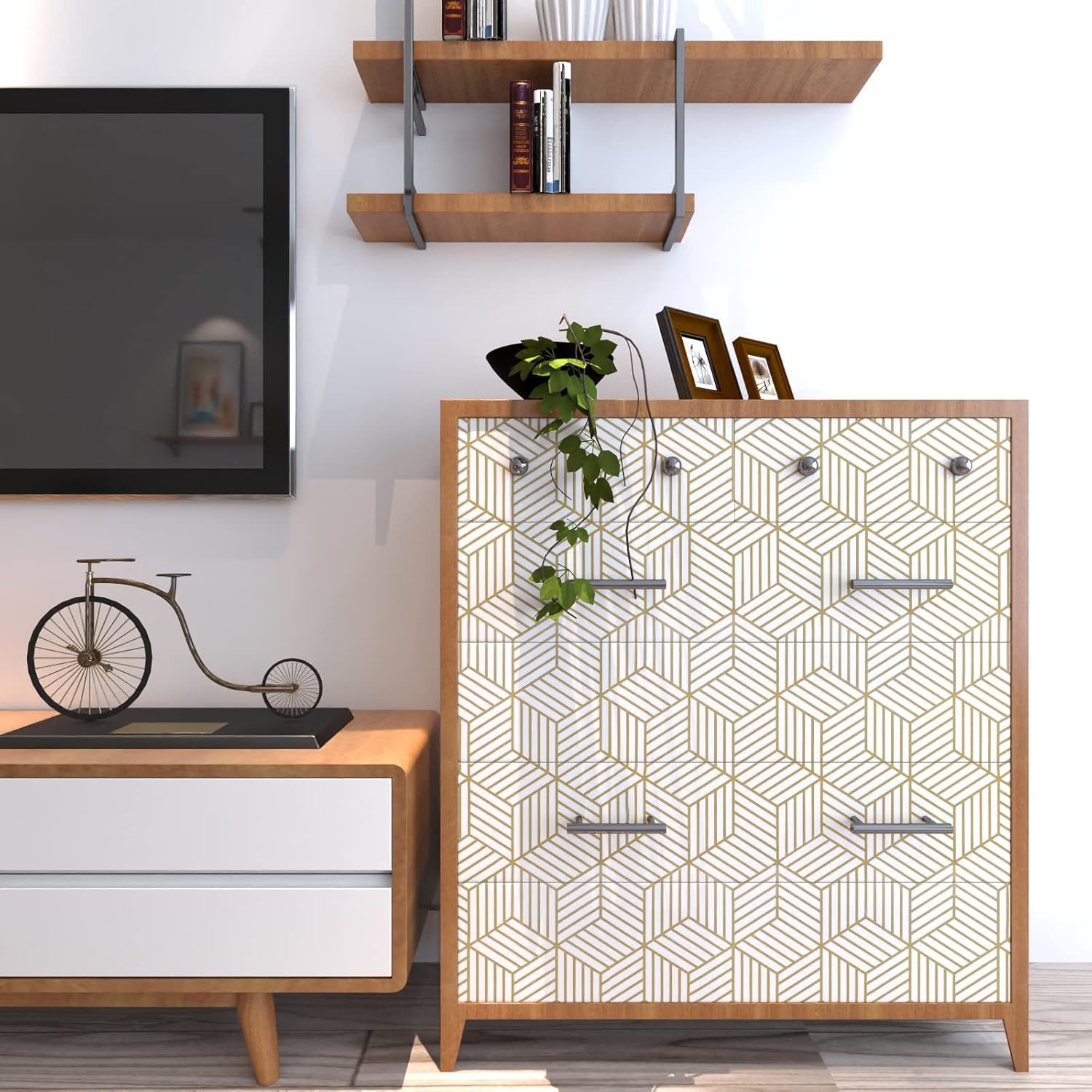 Gold and White Geometric Wallpaper Peel and Stick Wallpaper Boho Hexagon Removable Self Adhesive Wallpaper Gold Stripes Contact Paper Geometric Vinyl Film Decorative Shelf Drawer Waterproof 17.7”×118” - Image 5
