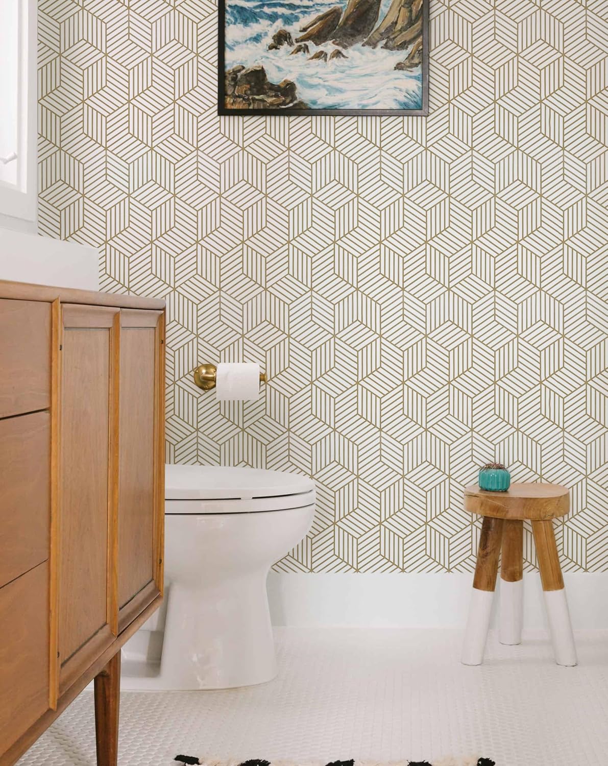 Gold and White Geometric Wallpaper Peel and Stick Wallpaper Boho Hexagon Removable Self Adhesive Wallpaper Gold Stripes Contact Paper Geometric Vinyl Film Decorative Shelf Drawer Waterproof 17.7”×118” - Image 9