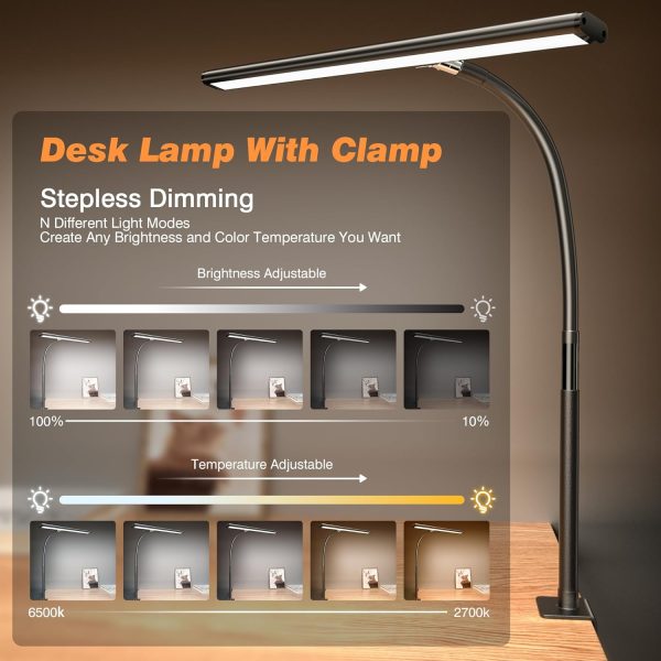 LED Desk Lamp for Office Home, Eye-Caring Desk Light with Stepless Dimming Adjustable Flexible Gooseneck, 10W USB Adapter Desk Lamp with Clamp for Reading, Study, Workbench (Black) - Image 2