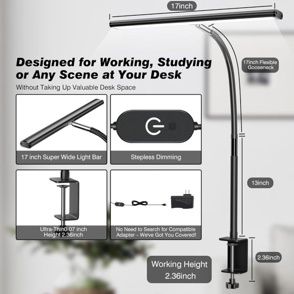 LED Desk Lamp for Office Home, Eye-Caring Desk Light with Stepless Dimming Adjustable Flexible Gooseneck, 10W USB Adapter Desk Lamp with Clamp for Reading, Study, Workbench (Black) - Image 3