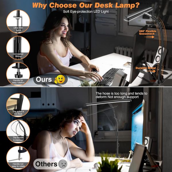 LED Desk Lamp for Office Home, Eye-Caring Desk Light with Stepless Dimming Adjustable Flexible Gooseneck, 10W USB Adapter Desk Lamp with Clamp for Reading, Study, Workbench (Black) - Image 4