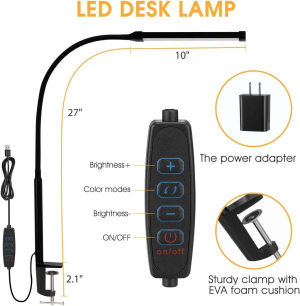 LED Desk lamp with Clamp, Eye-Caring Clip on Lights for Home Office, 3 Modes 10 Brightness, Long Flexible Gooseneck,Metal, Swing Arm Architect Task Table Lamps with USB Adapter, Black - Image 4