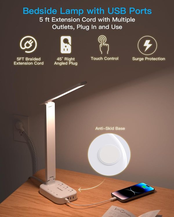 Power Strip with LED Desk Lamp, 3 Outlets 4 USB Ports(2 USBC) 4 Modes 5 Level Touch Lamp Small Desk Lamp for Home Office Bedroom Bedside, Study Reading Light, 5ft Extension Cord, Dorm Room Essentials - Image 4
